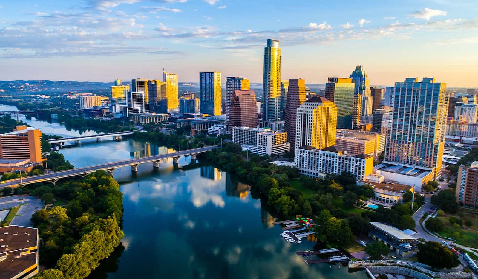 Aerial view of downtown Austin, Texas during golden hour