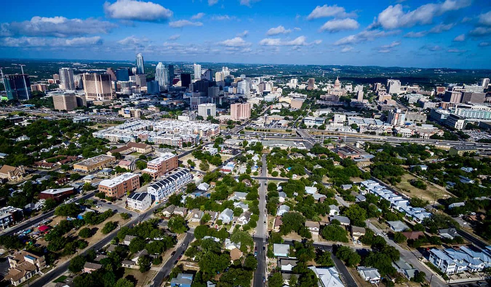 Aerial view overlooking East Austin in Austin, Texas