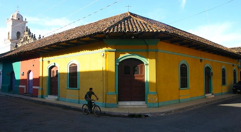 Brightly painted houses lining the street in Granada, Nicaragua