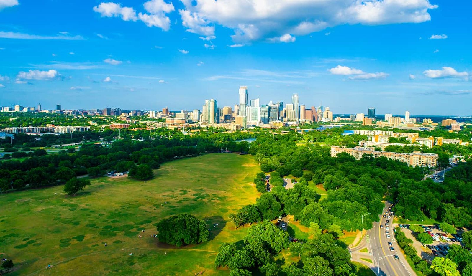 Lush and sprawling Zilker Park in Austin, Texas as seen from above