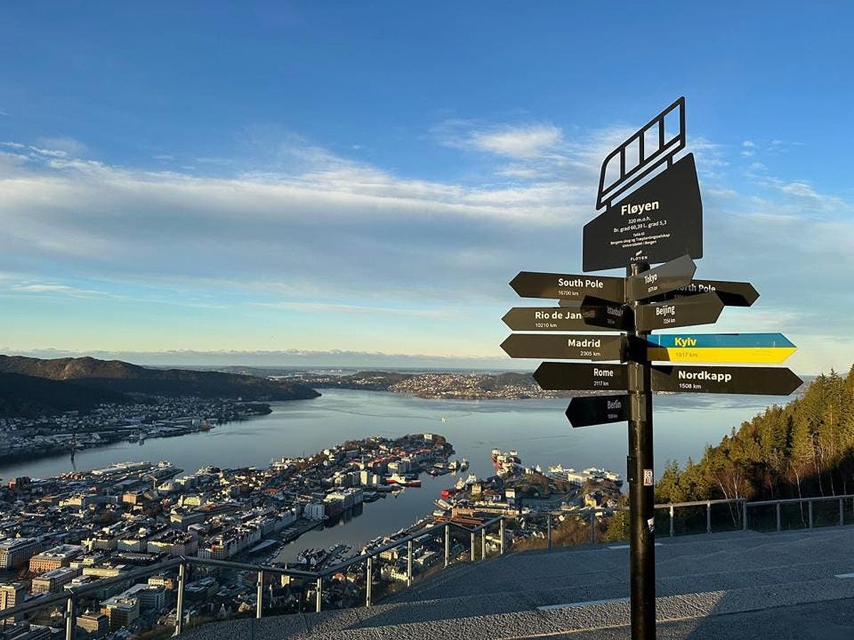 Signpost on top of Mount Fløyen in Bergen, Norway.