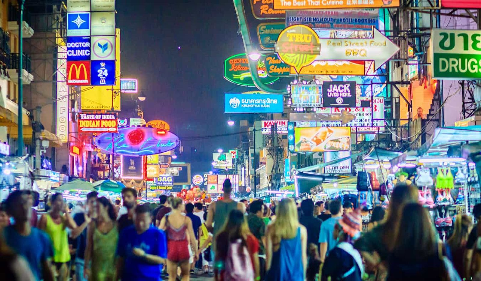 The lively, bustling street of Khao San Road in Bangkok at night