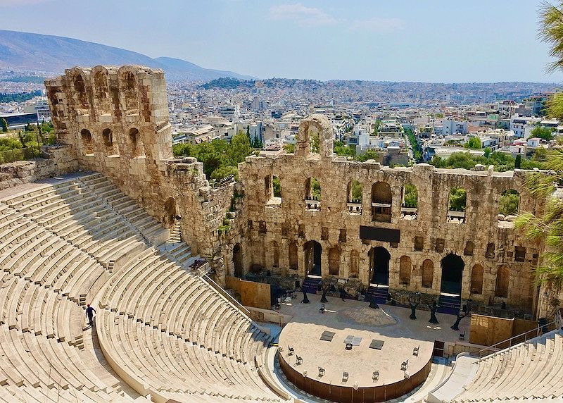 The Odeon of Herodes Atticus perched above the Koukaki neighborhood of Athens.